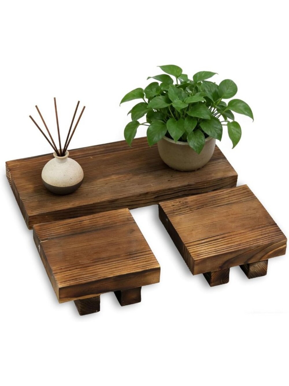 Rustic Wood Display Riser Set of 3 | Waterproof Farmhouse Stands for Plants